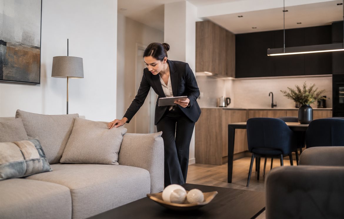 A housekeeper preparing a Churchill Living apartment